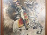 painting of a man riding on a horse with a dog in the background