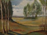 une peinture à l'huile représentant un champ avec des arbres au premier plan et un lac au loin