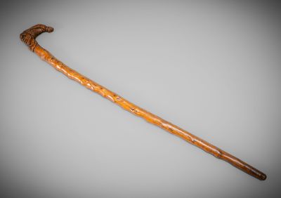 an old walking stick with a wooden handle on a gray background