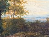 an oil painting of a couple of people sitting on a dirt road