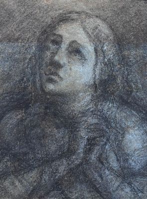 dessin représentant la tête d'une femme, en noir et blanc