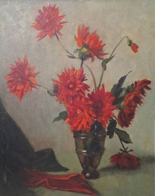 une peinture de fleurs dans un vase sur une table