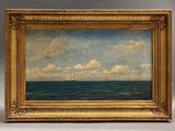 une peinture à l'huile représentant un voilier sur l'océan, avec des nuages dans le ciel