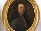 tableau représentant un jeune homme vêtu d'un manteau vert, dans un cadre doré