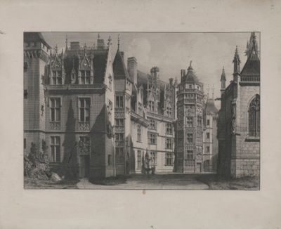 une photo en noir et blanc d'un château avec une tour horloge