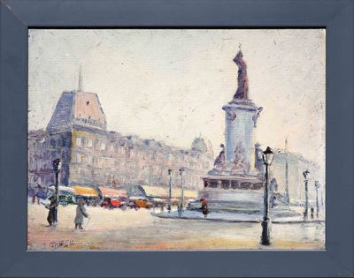 an oil painting of a street scene with a statue in the middle of the street