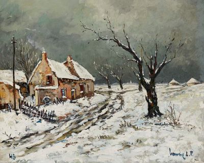 tableau représentant un paysage enneigé avec une maison et un arbre au premier plan