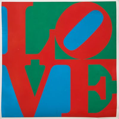 a red, blue and green painting with the word love on it