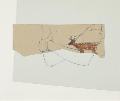 dessin représentant un cerf et une personne dans un lit, sous une couverture