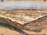 une image représentant un tableau représentant un paysage désertique avec des montagnes au loin