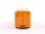 an orange toy bus that is sitting on a white surface