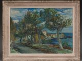 an image of a painting of a house by the water
