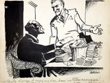 cartoon drawing of a man sitting at a table with a man in a suit and tie