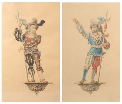 deux dessins représentant un homme et une femme en costume