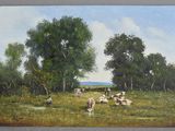 un tableau représentant des vaches dans un champ, avec des arbres en arrière-plan