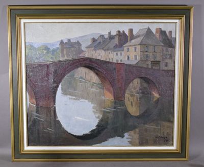 an oil painting of a bridge over a river with buildings in the background