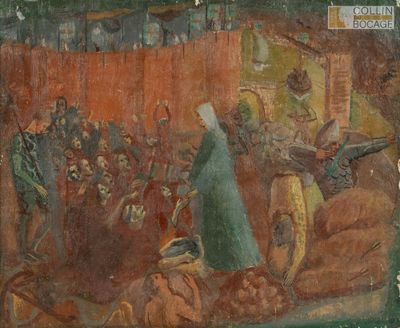 une image représentant un tableau où l'on voit une femme en robe verte devant une calèche