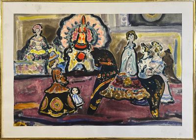 painting of a group of people sitting around a table with a clock in the background