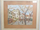 an oil painting of a street scene with buildings and trees