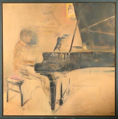 Huile sur toile "Frank au piano III". Monogrammée en bas à d…