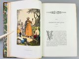 an open book with a picture of a man holding a sword