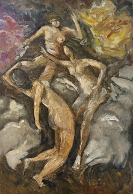 an oil painting of two nudes sitting on a rock with a sun in the background