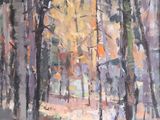 an oil painting of trees in a park with a bench in the foreground