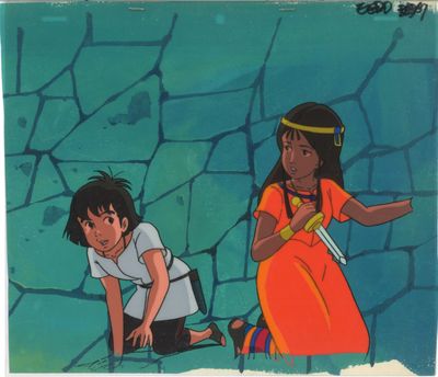 une image représentant un tableau où l'on voit une fille et un garçon sur une paroi rocheuse