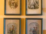 four framed pictures of a woman sitting on a bench in front of a yellow wall