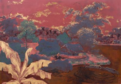 une peinture représentant une peinture d'un paysage avec un bateau sur l'eau