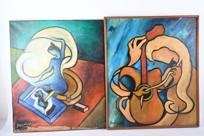 des tableaux représentant une femme jouant de la guitare et un homme lisant un livre