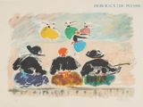 tableau représentant un groupe de personnes assises sur un banc, avec des parapluies
