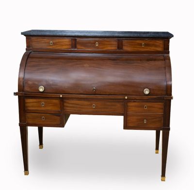 a wooden desk with a marble top and two drawers