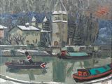 a painting of boats on the water in a harbor