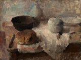 une peinture représentant du pain et un bol posés sur une table