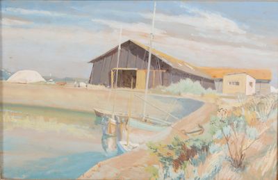 un tableau représentant une grange au bord d'un lac