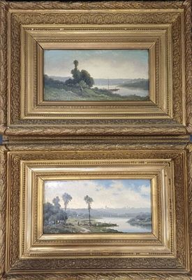two framed paintings of a landscape with a river and trees