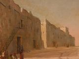 painting of a street scene with a horse drawn carriage in the foreground