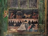 peinture représentant la vitrine d'un magasin avec un bateau à l'intérieur et une pancarte indiquant un numéro au-dessus