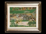 painting of people sitting on a bench in a park by a pond
