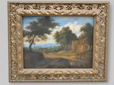 an oil painting of a landscape with a house and trees