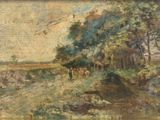 peinture représentant un paysage avec des vaches et des arbres au premier plan