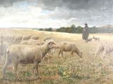 un tableau représentant un homme debout dans un champ avec un troupeau de moutons
