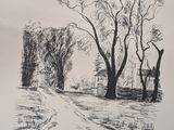 drawing of a road with trees and a fence in the background