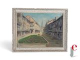 une peinture à l'huile représentant une scène de rue avec des bâtiments et une fontaine