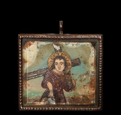 une image représentant Jésus portant une croix, sur fond noir