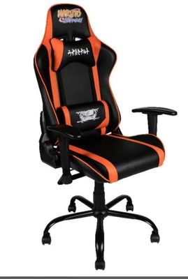 a close up of a gaming chair with an orange and black design