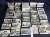 several old postcards of old buildings and buildings on a table