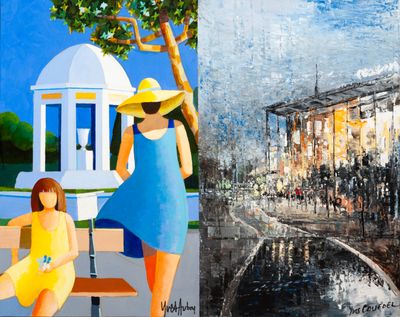 paintings of a woman and a child sitting on a bench in front of a bus stop