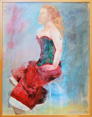 an oil painting of a woman in a red dress sitting on a stool